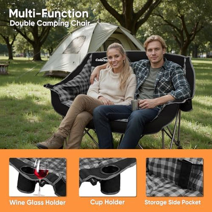 Colorsoul Double Folding Camping Chair,Fully Padded Loveseat Camping Couch,Oversized 2 Person Lawn Chair w/Cup Holder,Wine Glass Holder,Mesh Storage for Patio Picnic Beach,Support 600lbs,Black Plaid