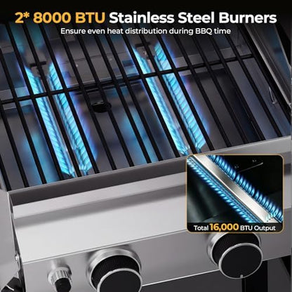 Electactic 2 Burner Propane Gas Grill, 16,000 BTU Stainless Steel BBQ Grill with Folding Side Tables, Convertible to Tabletop Design, Enameled Cast Iron Grates, Barbecue Grill for Camping, Patio