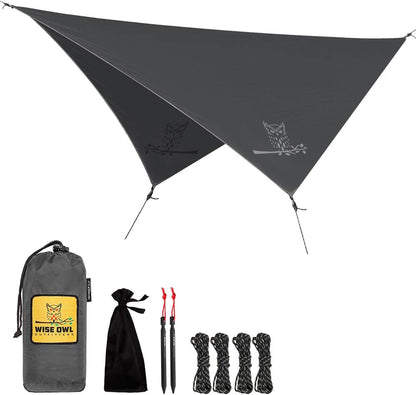 Wise Owl Outfitters Hammock Rain Fly – Waterproof Camping Tarp Cover with Tent Stakes & Carry Bag, Ultralight Shelter for Backpacking & Outdoor Shade