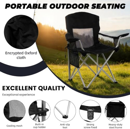 HULKFIT 2 Pack Folding Camping Chair – Heavy Duty Portable Outdoor Beach Chair for Adults with Breathable Mesh Back, Cup Holder & Carry Bag – Ideal for Backyard, Tailgating, Hiking & Travel,Black