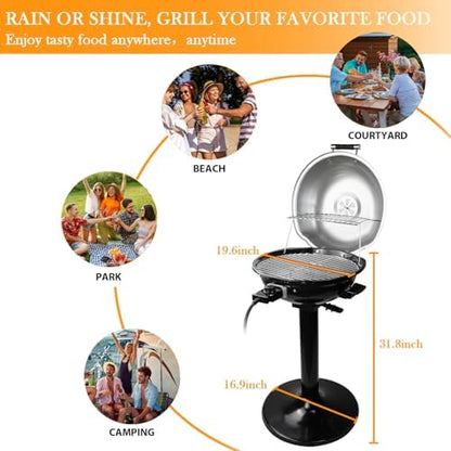 Electric Grill, Techwood Indoor/Outdoor Electric BBQ Grill, 1600W Portable Removable Stand Grill with Adjustable Heat & Drip Tray, Double Layer Design for Party, Patio & Backyard, Dust Cover(Silver)