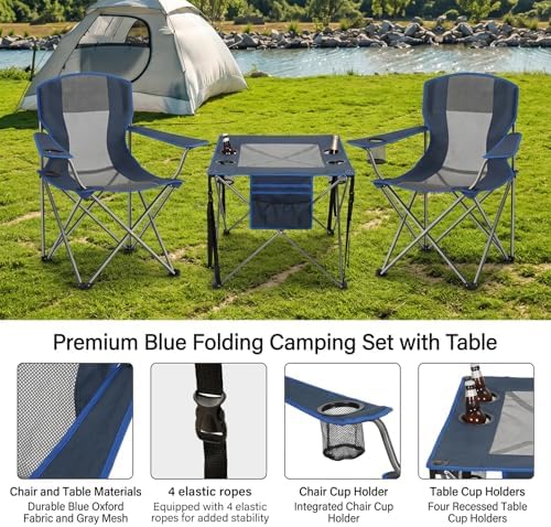 Camping Chair Set of 3,Outdoor Folding Camping Chairs with Cup Holder & Carry Bag for Sports,Hiking,Picnic,Includes Two Foldable,Breathable Camping Chair and a Larger Table Support up to 250lbs