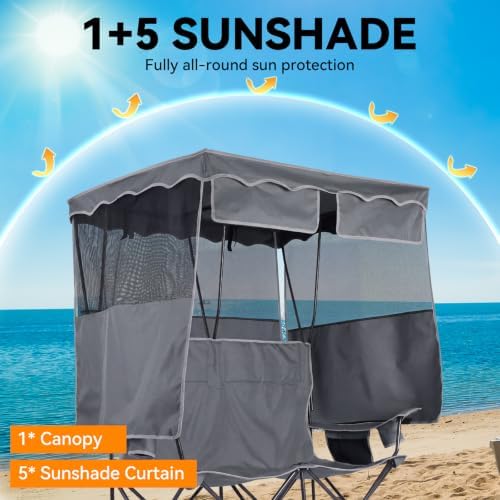 Double Camping Chair with Canopy,2 Person Folding Chair with Canopy, Grey
