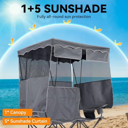 Double Camping Chair with Canopy,2 Person Folding Chair with Canopy, Grey