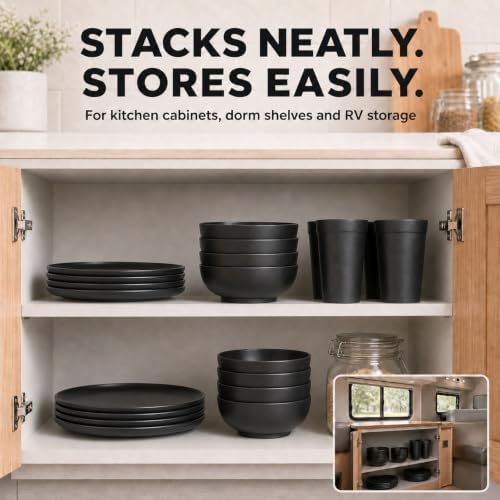 56 Piece Plates and Bowls Sets for 8, Kitchen Dinnerware Sets, Plastic