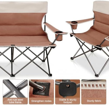 Camping Chair Set of 3, Outdoor Folding Camping Chairs for Heavy People with Cup Holder & Carry Bag,Collapsible Chair Include One Sofa Chair and Two Single Chair,Support up to 500lbs