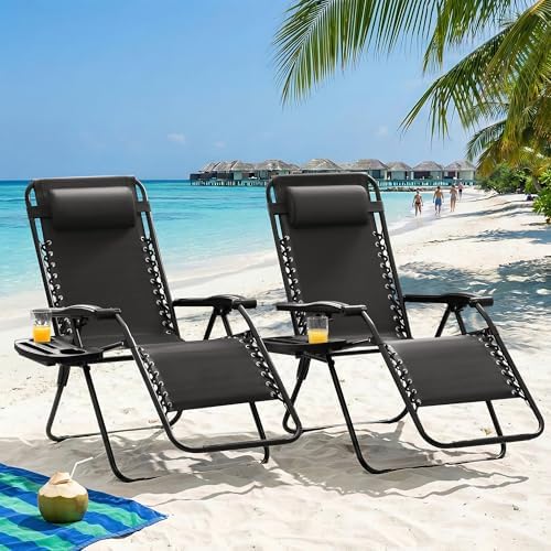 Homall Zero Gravity Chair Patio Folding Lawn Outdoor Lounge Gravity Camp Reclining Lounge Chair with Cup Holder Pillows for Poolside Backyard and Beach Set of 4 (Black)