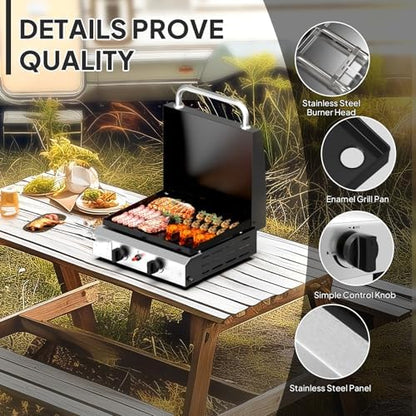 Bonnlo 2 Burner Portable Propane Griddle with Lid, 20000BTU Tabletop Flat Gas Grill with Ignition and Oil Collector, Camping Griddle for Outdoor Cooking Patio Backyard Sandbeach BBQ Party