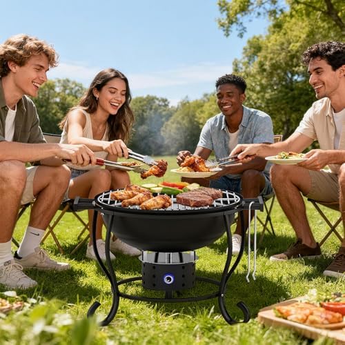 Portable Charcoal Grill with Fan-Assisted Airflow, 17-Inch Small Kettle BBQ Grill, Built-In Thermometer, Lift-Out Charcoal Tray for Camping, Tailgating, Patio, Backyard