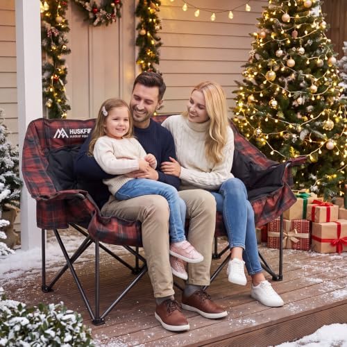 Huskfirm Padded Double Camping Chair, Camping Couch, Black & Red Plaid