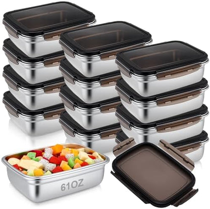 12 Pcs 61oz/ 1800 ml 304 Stainless Steel Food Containers with Lid, FDA Registered Airtight Lunch Container Reusable Meal Prep Storage Box Freezer/Dishwasher Safe for Home Kitchen