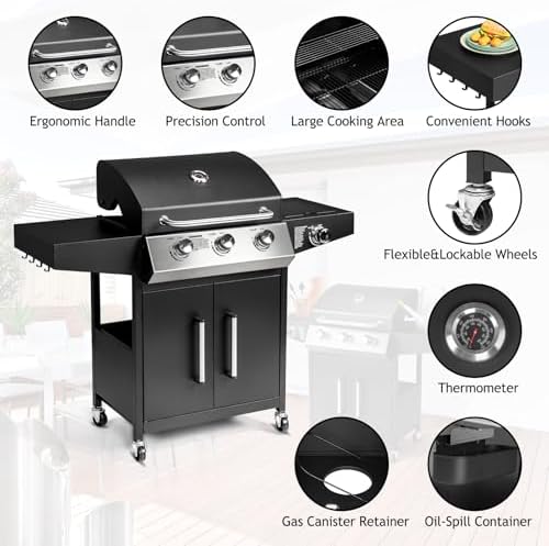 ROVSUN 3-Burner Propane Gas BBQ Grill with Side Burner & Enameled Cast Iron Grates, 46,000 BTU Barbecue Grill with Wheels for Outdoor Patio Backyard Cooking Grilling, Black