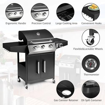ROVSUN 3-Burner Propane Gas BBQ Grill with Side Burner & Enameled Cast Iron Grates, 46,000 BTU Barbecue Grill with Wheels for Outdoor Patio Backyard Cooking Grilling, Black