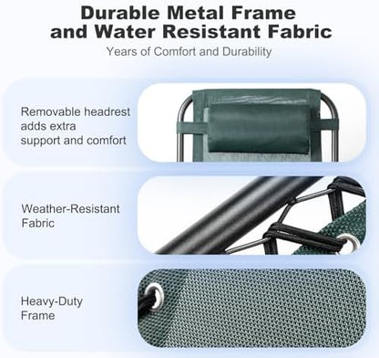 Nazhura Set of 2 Relaxing Recliners Patio Chairs Adjustable Steel Mesh Zero Gravity Lounge Chair Beach Chairs with Pillow and Cup Holder (Dark Green)