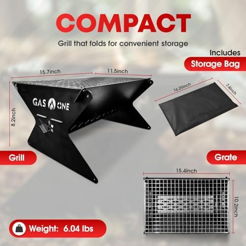 GasOne 15” Portable Charcoal Grill – Foldable BBQ Grill – Camping Grills for Backyard, Bonfire, Patio – Heavy-Duty Portable Fire Pit – Camp Cooking Gear
