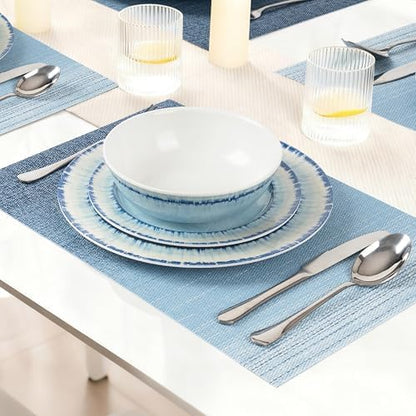 AELS Melamine Dinnerware Set of 12 Pcs Dinner Dishes Set with 4 Placemats for Indoor and Outdoor Use, Dishwasher Safe, Lightweight Unbreakable, BPA Free, Light Blue