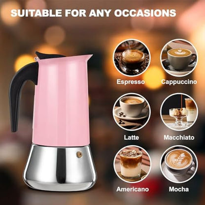 4 Cup Stovetop Espresso Maker Stainless Steel Moka Pot Stove Top Percolator Italian Coffee Makers Capable Mocha Greca Machine Cafe Classic Induction Cookers for Home and Camping 200ml 6.6oz