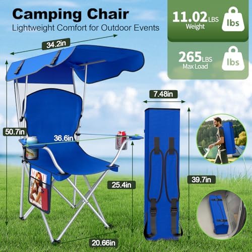 VTOY Portable Folding Camping Chair with Canopy, Outdoor Sun Shade Chair