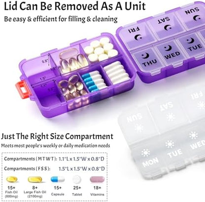 Foldable Portable 7 Day Pill Organizer 2 Times a Day, AM PM Weekly Pill Box