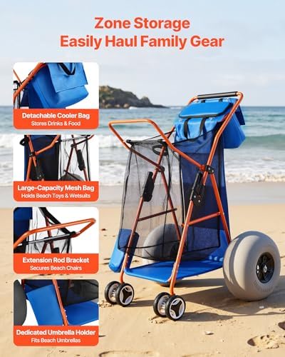VEVOR Beach Cart with Large Wheels for Sand, 165 lbs Load Capacity, Heavy Duty Folding Beach Wagon with 12" Balloon Wheels, Insulated Cooler Bag, Umbrella Holder, Holds 4 Chairs for Camping & Fishing