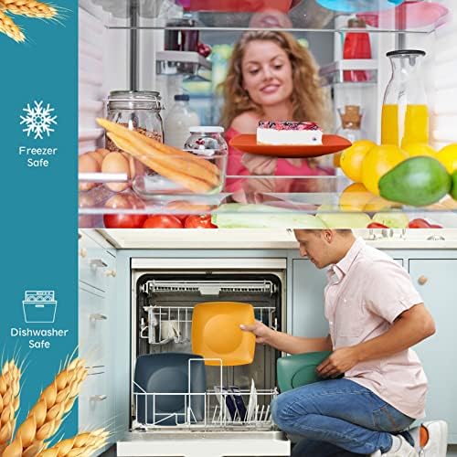 Teivio 56-Piece Plastic Wheat Straw Square Dinnerware Set for 8, Unbreakable Dinner Plates, Snack Bowls, Tumblers 13.5 oz, With Flatware,Dishwasher Safe, Outdoor Camping RV Dish, Autumn Multicolor