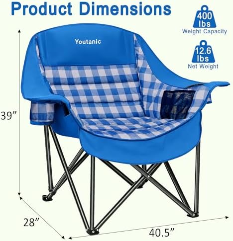 Youtanic Oversized Large Padded Camping Chair, 400 lbs Foldable Lawn Chair