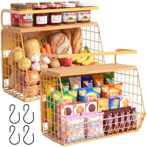 Magnetic Shelf for Fridge with Wood Lid, Fruit Potato and Onion Storage Bins, Pantry Organizers & Storage, Large Container Magnetic Spice Rack for Refrigerator, Kitchen Counter, Cabinet (Yellow, 2)