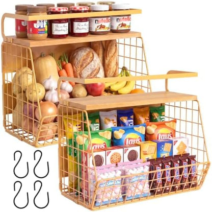 Magnetic Shelf for Fridge with Wood Lid, Fruit Potato and Onion Storage Bins, Pantry Organizers & Storage, Large Container Magnetic Spice Rack for Refrigerator, Kitchen Counter, Cabinet (Yellow, 2)