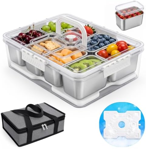 Homelove Snackle Box Container with Ice-Pack, Snack Container Divided Serving Tray with 8-Compartment Snack Platter, Lid and Handle, Food Organizer for Outdoor Travel Party Beach Picnic