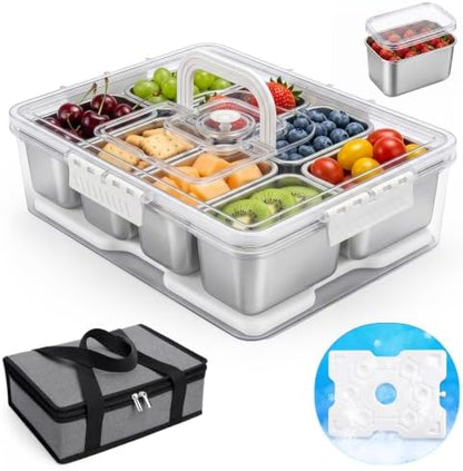 Homelove Snackle Box Container with Ice-Pack, Snack Container Divided Serving Tray with 8-Compartment Snack Platter, Lid and Handle, Food Organizer for Outdoor Travel Party Beach Picnic