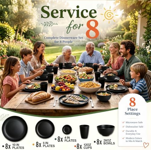 Wrova Wheat Straw Dinnerware Sets 40PCS, Black Plates and Bowls Sets for 8