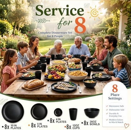 Wrova Wheat Straw Dinnerware Sets 40PCS, Black Plates and Bowls Sets for 8