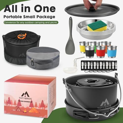 THTYBROS 43-Piece Camping Cookware Set,Large Mess Kit for 6 Persons,with 4.75QT Pot,2.1QT Kettle,Frying Pan,Cups,Utensils and Tableware,Heavy Duty Aluminum Cook Set for Outdoor Camping,Hiking,Picnic