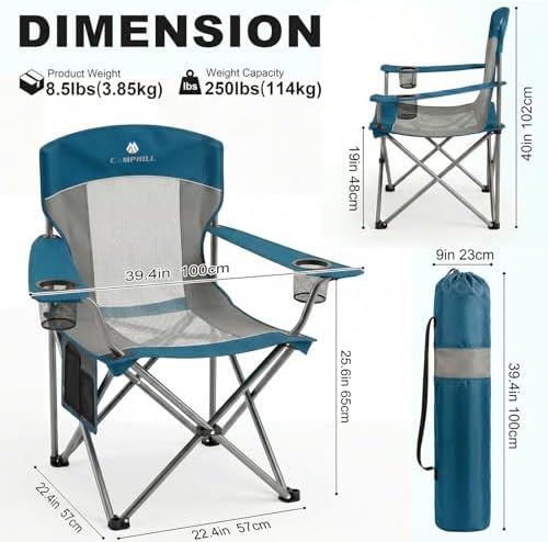 2 Pack Camping Chairs for Adults,Oversized Mesh Back Lawn Chair with Cup Holder, Side Pocket&Bag for Outdoor,Beach,Picnic,Fishing,and Sports,Breathable,Heavy Duty,Blue