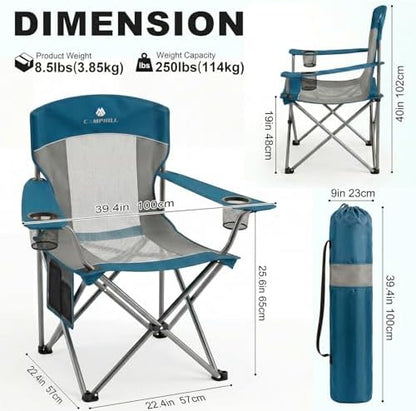 2 Pack Camping Chairs for Adults,Oversized Mesh Back Lawn Chair with Cup Holder, Side Pocket&Bag for Outdoor,Beach,Picnic,Fishing,and Sports,Breathable,Heavy Duty,Blue