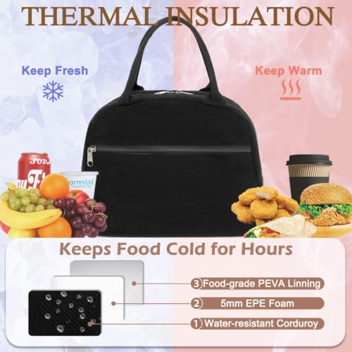 FlowFly Lunch Bag for Women Insulated Lunch Box Corduroy Lunch Tote Cooler for Travel Work Picnic,Corduroy Black