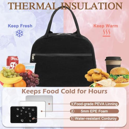 FlowFly Lunch Bag for Women Insulated Lunch Box Corduroy Lunch Tote Cooler for Travel Work Picnic,Corduroy Black
