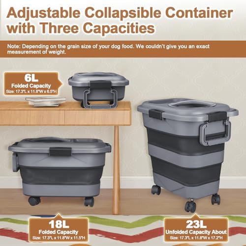 Dog Food Storage Container，23-25 lbs Airtight Collapsible Cat Food Storage Container with Attachable Wheels, Portable Handle, Dog Food Scoop for Dog Cat Bird Pet Dry Food Storage Bin Dark Grey