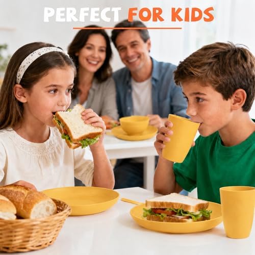 20 Piece Wheat Straw Dinnerware Sets for 4, Unbreakable Dish Set,Reuseable Kids Plates and Bowls Sets for 4, Lightweight Kitchen Dishware Set for Camping, Picnic, and Famliy Meal - Yellow
