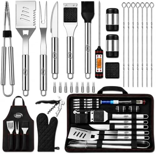 Kaluns Grilling Accessories, Dad Gifts for Christmas, Heavy Duty Stainless Steel Grill Set BBQ Grill Accessories for Outdoor Grill with Meat Thermometer, Case and Apron