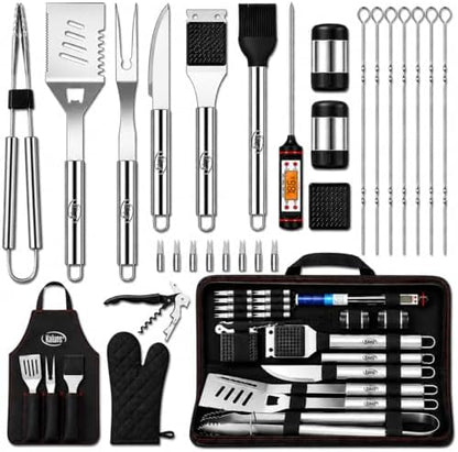 Kaluns Grilling Accessories, Dad Gifts for Christmas, Heavy Duty Stainless Steel Grill Set BBQ Grill Accessories for Outdoor Grill with Meat Thermometer, Case and Apron