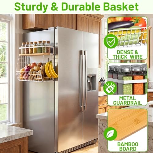 Ofiray-home Magnetic Fridge Shelf with Wood Lid, Fruit Potato Onion Storage Bins, Pantry Organizers, Large Container Spice Rack for Refrigerator, Kitchen Counter, Cabinet (2, White)