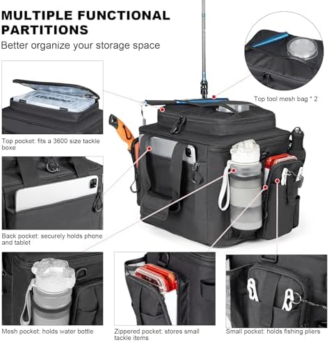 Rabjen Fishing Tackle Bag with Rod Holders & Cooler Main Compartment – Large Capacity Fishing Bag for Organized Gear Storage