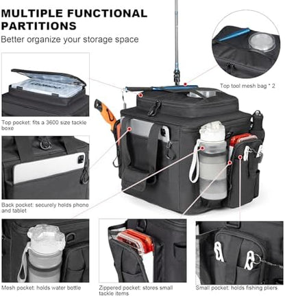Rabjen Fishing Tackle Bag with Rod Holders & Cooler Main Compartment – Large Capacity Fishing Bag for Organized Gear Storage