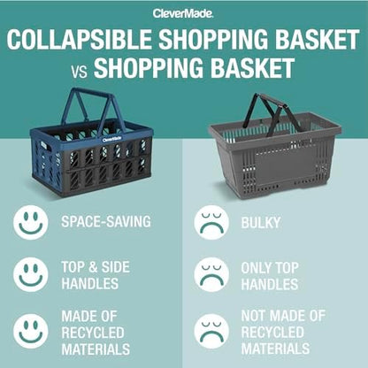 CleverMade Eco Collapsible Shopping Basket with Handles, 24L Stone, 3 Pack