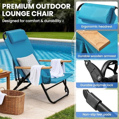 2 Pack Premium 5-Position Reclining Camping Chair - Portable Folding Lightweight Outdoor Chair with Wooden Armrests, Headrest & Pockets, 350lbs Heavy Duty for Beach, Patio, Backyard, Blue
