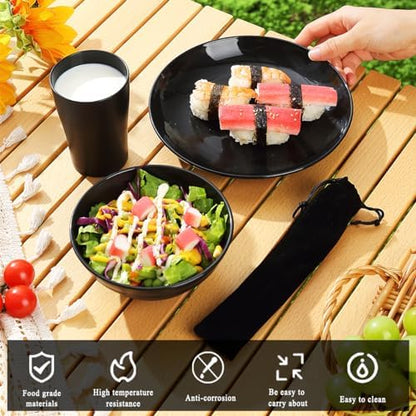 Kyraton Camping Utensils, Portable Travel Silverware Set with Reusable Light Weight Mug, Bowls and Plate, Stainless Steel Cutlery Set, Camping Mess Kit for 1 Person