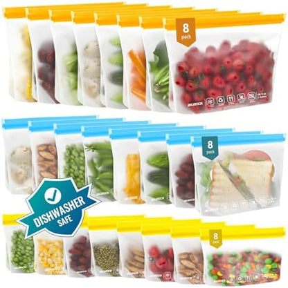 IDEATECH 24Pack Reusable Food Freezer Bags Dishwasher Safe, Leakproof Storage Contaizers, Reusable Bags Various Size for Food Storage, BPA Free Resealable Baggies(8Gallon 8Quart 8Snack,Colored)