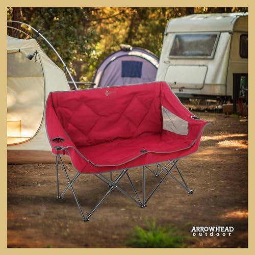 ARROWHEAD OUTDOOR Portable Folding Double Duo Camping Chair Loveseat w/ 2 Cup & Wine Glass Holder, Carrying Bag, Supports up to 500lbs