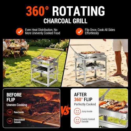 Flip Charcoal Grill, 360° Rotatable Multi Function Outdoor BBQ Grill